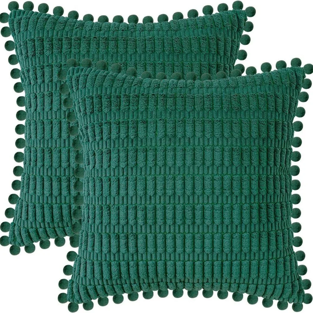 Square Chenille Pillow Cover with Pom Pom Detail Throw Pillow Slipcover Green